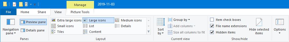 Windows File Explorer ribbon bar View tab.